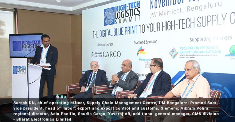Suresh DN, chief operating officer, Supply Chain Management Centre, IIM Bangalore; Pramod Sant, vice president, head of import export and export control and customs, Siemens; Vikram Vohra, regional director, Asia Pacific, Saudia Cargo; Yuvaraj AR, additional general manager, CMS division - Bharat Electronics Limited