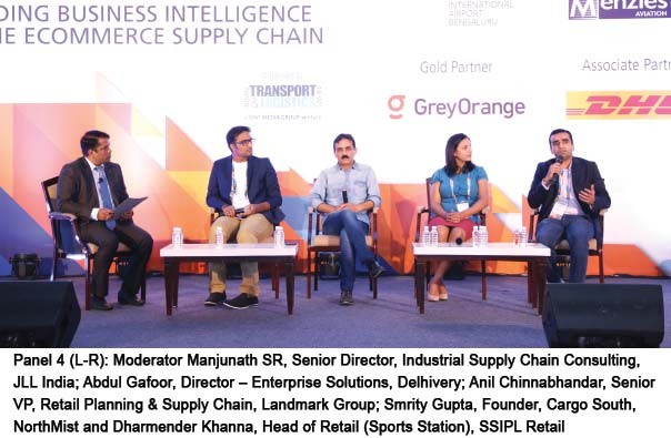 Panel 4 (L-R): Moderator Manjunath SR, Senior Director, Industrial Supply Chain Consulting, JLL India; Abdul Gafoor, Director – Enterprise Solutions, Delhivery; Anil Chinnabhandar, Senior VP, Retail Planning & Supply Chain, Landmark Group; Smrity Gupta, Founder, Cargo South,  NorthMist and Dharmender Khanna, Head of Retail (Sports Station), SSIPL Retail