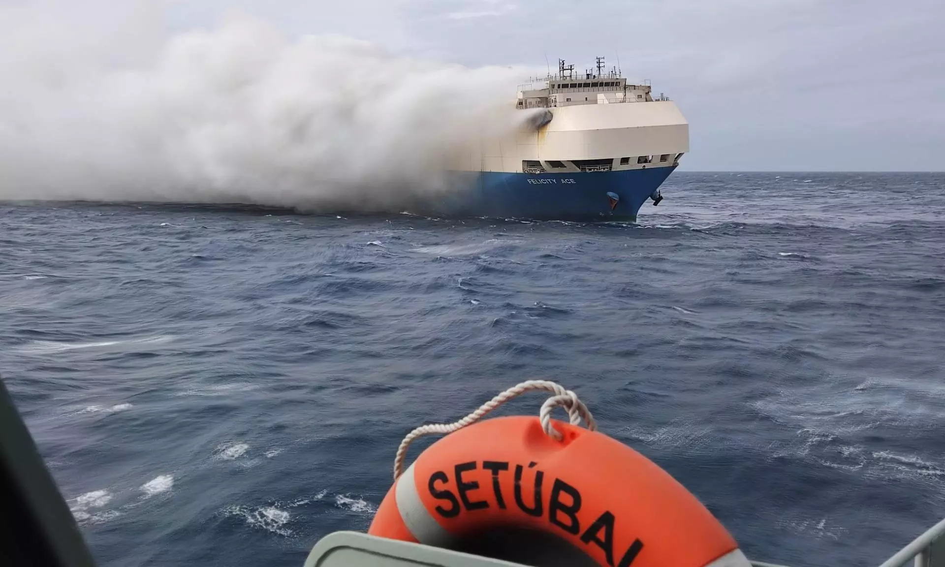 Ship manager MOL Ship Management (Singapore) said late last week that the ship is assumed to remain on fire south of the Azores currently drifting away from the islands. (Image Credit: Portugese Navy)