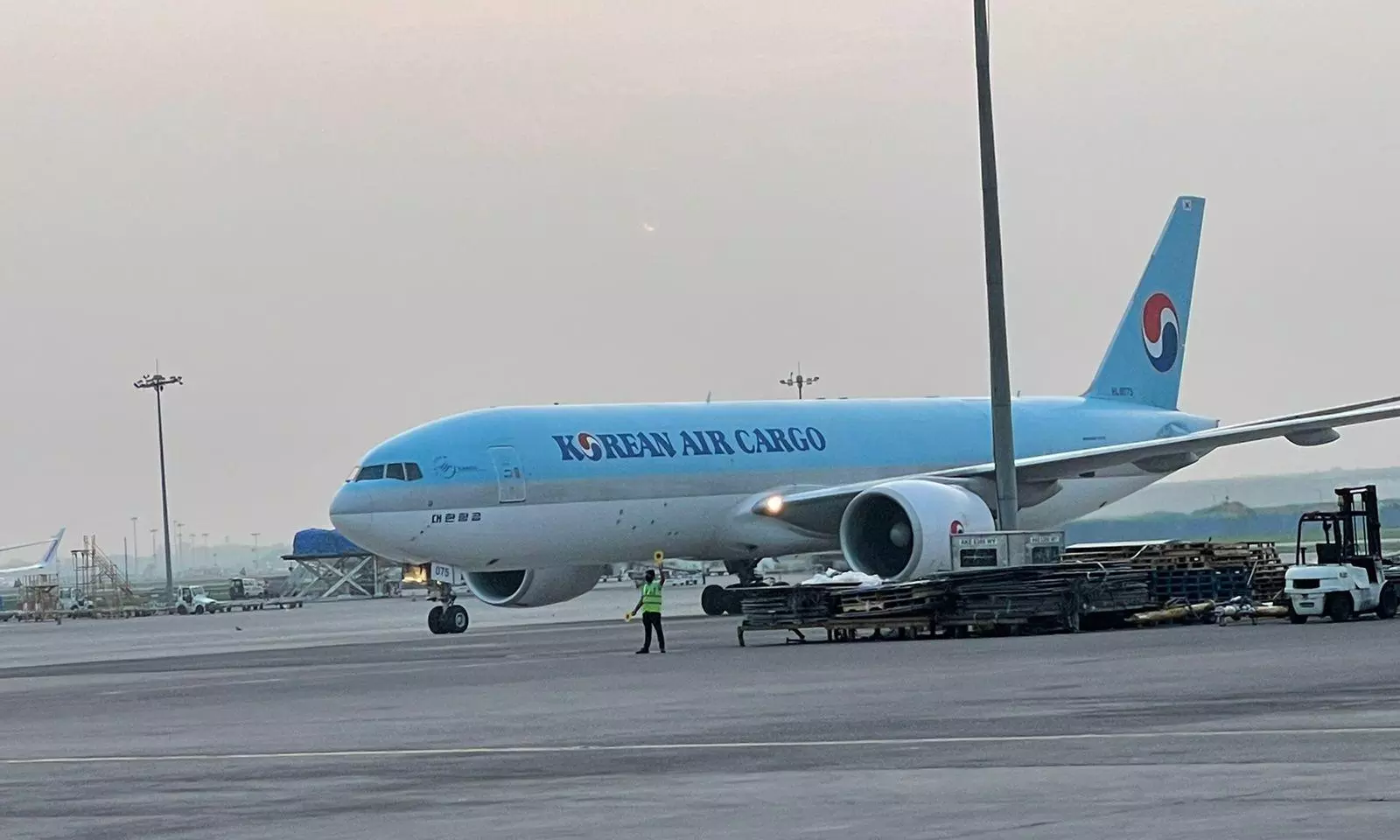 Arrival of the first Korean Air Cargo B777 freighter after service resumption at Delhi International Airport on Wednesday, July 6, 2022.