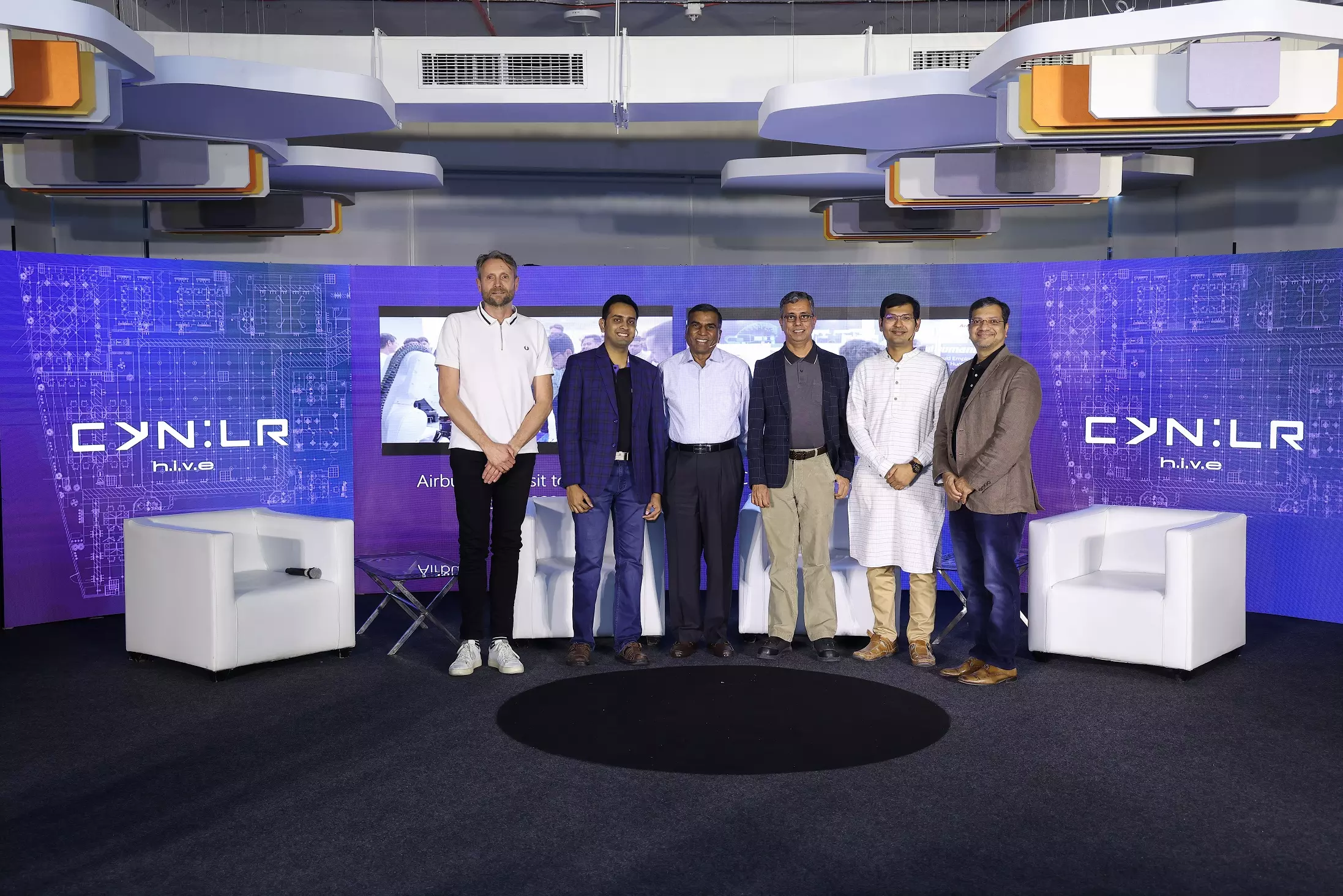 L to R- Sven Schreiner, Global Key Account Manager, Mojin Robotics, Nikhil Ramaswamy, Co-Founder, CEO, CynLr, M M Murugappan, Chairman of the boards of CUMI Ltd, Cyient Ltd & Director at IIT Madras Research Park, Ajay Gopalaswamy, CEO at DiFACTO Robotics and Automation, Gokul NA, Founder, Design, Product & Brand, CynLr and Rama Bethmangalakar, Director at Qualcomm Ventures