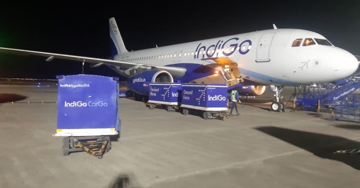 Passenger freighter of IndiGo at Indore Airport delivering 946.5-kilogram of medical relief materials on March 31. Passenger freighter of IndiGo at Indore Airport delivering 946.5-kilogram of medical relief materials on March 31.