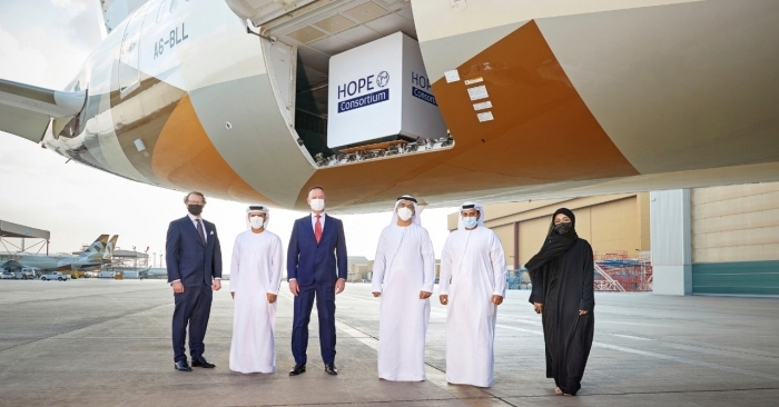 L to R: Richard Ettl, CEO of SkyCell; Captain Mohamed Juma Al Shamisi, group CEO of Abu Dhabi Ports; Tony Douglas, group CEO, Etihad Aviation Group; HE Dr Jamal Al Kaabi, undersecretary of the department of health %u2013 Abu Dhabi; Rashed Al Qubaisi, CEO, Rafed; Dr. Noura Al Dhaheri, head of Digital Cluster %u2013 Abu Dhabi Ports, CEO of Maqta Gateway.