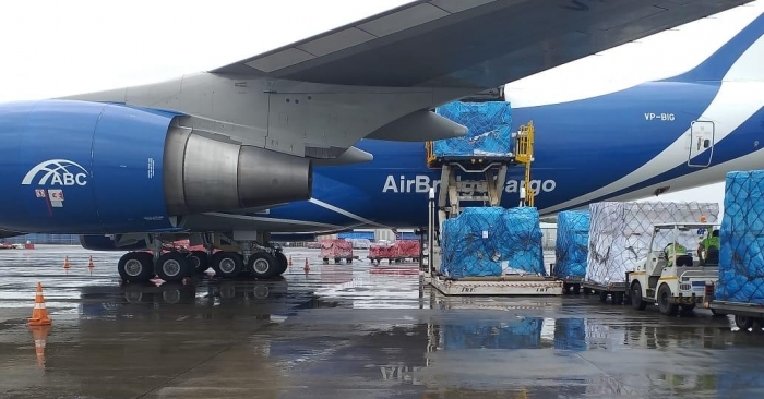 The AirBridgeCargo B-747 freighter getting loaded at Chhatrapati Shivaji Maharaj International Airport in Mumbai.