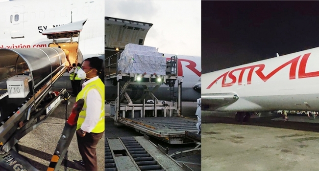 Astral Aviation%u2019s Boeing 727 freighter loading vaccines at Mumbai International Airport on April 20, 2021.