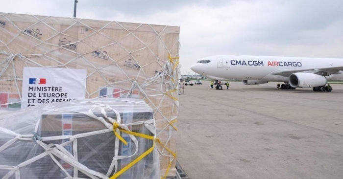 The CMA CGM Airbus A330-200 freighter getting ready for take-off from Paris, France.