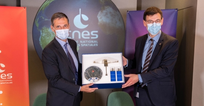 Rodolphe Saad, chairman &amp; CEO of the CMA CGM Group and CNES chairman &amp; CEO Philippe Baptiste after signing the agreement on Thursday, June 10, 2021. (Photo: CNES)