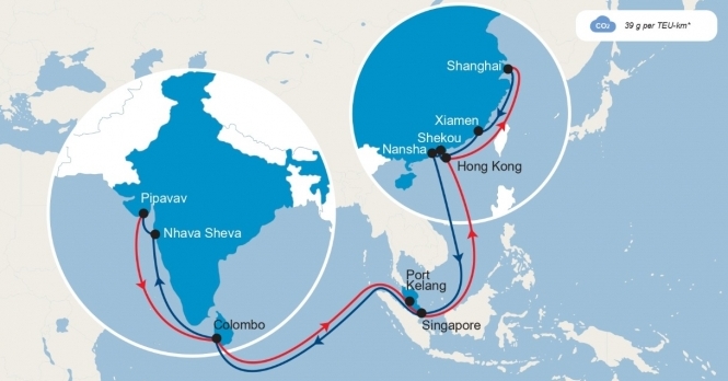 New port rotation: Xingang %u2013 Pusan %u2013 Shanghai %u2013 Xiamen %u2013 Hong Kong %u2013 Shekou %u2013 Singapore %u2013 Colombo %u2013 Nhava Sheva %u2013 Pipavav %u2013 Port Kelang %u2013 Singapore %u2013 Hong Kong %u2013 Xingang.