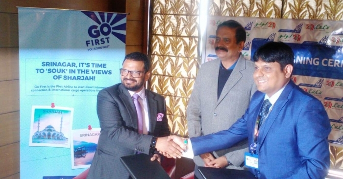 The MoU was signed between Mohit Dwivedi, head of corporate affairs, Go First and Lulu Group director Salim M A in the presence of Ranjan Thakur, the principal secretary Industries and Commerce, Jammu and Kashmir. The MoU was signed between Mohit Dwivedi, head of corporate affairs, Go First and Lulu Group director Salim M A in the presence of Ranjan Thakur, the principal secretary Industries and Commerce, Jammu and Kashmir.