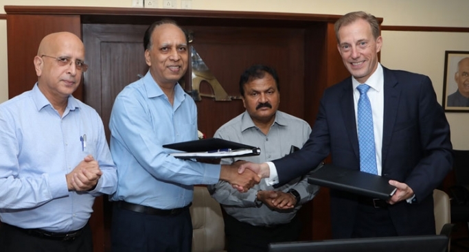 Guruprasad Mohapatra, chairman, AAI during signing of the contract agreement between AAI and Aireon for implementation of space-based ADS B in the presence of Don Thoma, CEO Aireon, Vineet Gulati, member (ANS), AAI and Mansoor Ahmad, ED (CNS), AAI.