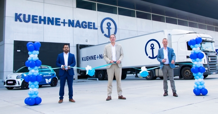 (L-R) Kuehne Nagel BeLux%u2019s sales &amp; marketing director Harsha Ranasinghe, managing director Tobias Jerschke, air logistics director Geert Torfs at KN PharmaChain Brucargo, Brussels Airport.