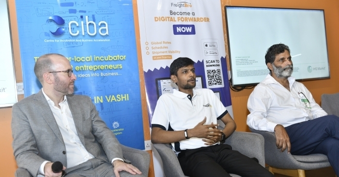 Eric Johnson, JOC senior editor, technology; Raghavendran Viswanathan, CEO and co-founder, FreightBro; and Naval Sabharwal, vice president - supply chain and logistics, Ramco Systems at a panel during the India Logistics Technology Summit.