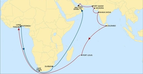 The rotation of India Africa Service will be as follows with the first sailing MP The Law, ETD Mundra on January 24, 2021: Mundra %u2013 Nhava Sheva %u2013 Colombo - Port Louis %u2013 Tema - Lome %u2013 Cotonou %u2013 Cape town %u2013 Durban - Jebel Ali - Abu Dhabi - Port Qasim %u2013 Mundra