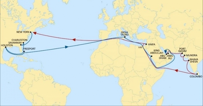 New rotation: Mundra %u2013 Nhava Sheva %u2013 Colombo %u2013 Haifa %u2013 New York %u2013 Savannah %u2013 Charleston %u2013 Freeport %u2013 Houston %u2013 Freeport %u2013 Gioia Tauro %u2013 King Abdullah Port %u2013 Abu Dhabi %u2013 Jebel Ali %u2013 Karachi Port Qasim %u2013 Mundra