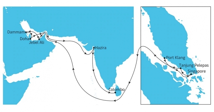 The rotation will be: Port Klang - Singapore - Tanjung Pelepas - Jebel Ali - Dammam %u2013 Doha %u2013 Hazira - Colombo.