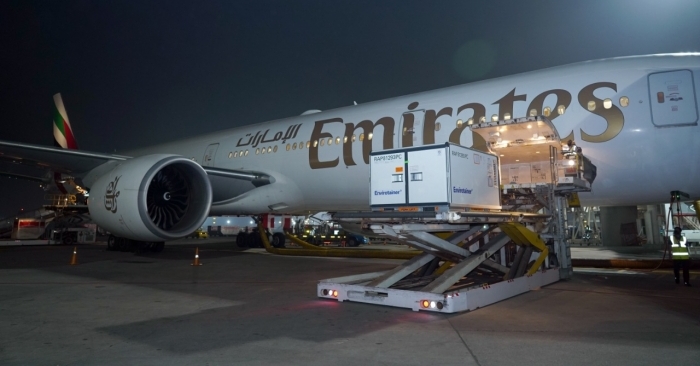 Emirates loading 20 lakh doses of AstraZeneca vaccine to its B777-300 aircraft, destined for Rio de Janeiro, Brazil on Jan 22, 2021.