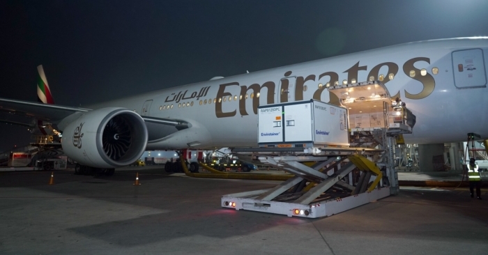 Emirates loading 20 lakh doses of AstraZeneca vaccine to its B777-300 aircraft, destined for Rio de Janeiro, Brazil on Jan 22, 2021. Emirates loading 20 lakh doses of AstraZeneca vaccine to its B777-300 aircraft, destined for Rio de Janeiro, Brazil on Jan 22, 2021.