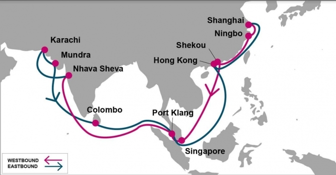 The China India Pakistan service rotation: Shanghai %u2013 Ningbo %u2013 Shekou %u2013 Singapore %u2013 Port Kelang %u2013 Nhava Sheva %u2013 Karachi %u2013 Mundra %u2013 Colombo %u2013 Port Kelang %u2013 Hong Kong %u2013 Shanghai