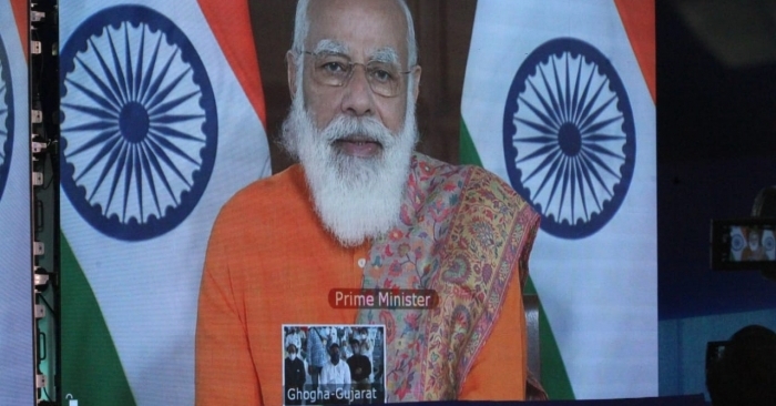 He was virtually inaugurating the Ro-Pax terminal at Hazira and flagging off the Ro-Pax ferry service between Hazira and Ghogha in Gujarat. He was virtually inaugurating the Ro-Pax terminal at Hazira and flagging off the Ro-Pax ferry service between Hazira and Ghogha in Gujarat.