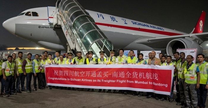 Mumbai International Airport welcoming the inaugural A330-200F of Sichuan Airlines Cargo and its crew.