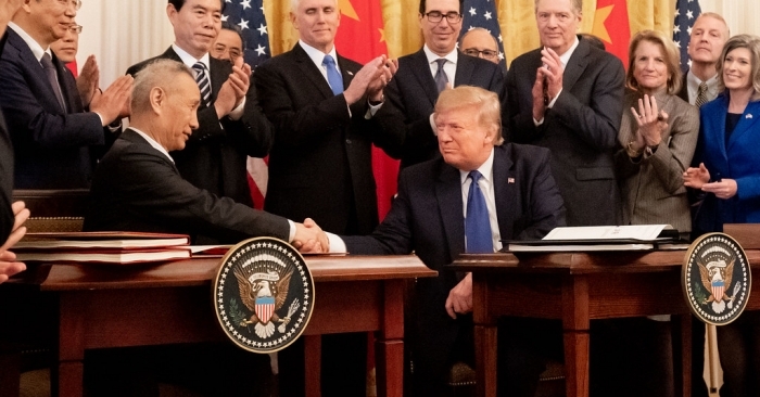 Signing ceremony of %u2018phase one%u2019 trade deal between US President Donald Trump and Chinese Vice Premier Liu He on Jan 15, 2020.