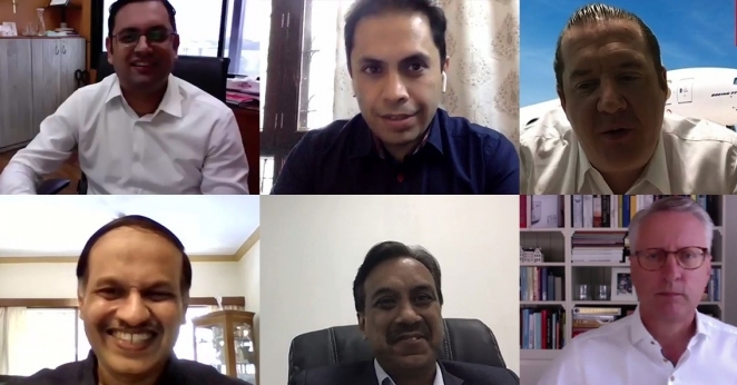 Speakers during the ITLN webinar (clockwise) Parag Deshmukh of Serum Institute of India, Yashpal Sharma of Skyways Group, Julian Sutch of Emirates SkyCargo, Marrie Groeneveld of SkyCell, Huned Gandhi of Dachser and Alan Fernandes of Zentiva.