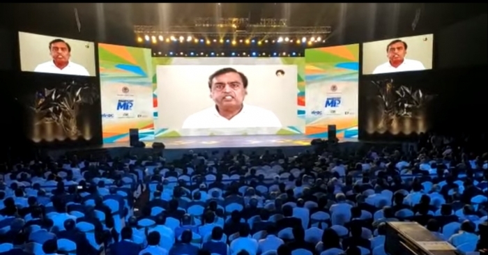 Reliance Industries%u2019 chairman Mukesh Ambani announcing the plan to set up 45 national distribution centres spread over 10 million sq ft at Magnificent Madhya Pradesh held in October 2019.