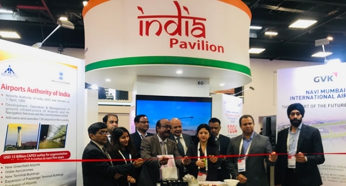 Usha Padhee, joint secretary, ministry of civil aviation, GoI inaugurating the India Pavilion representing AAI and MIAL, in the presence of IN Murthy, member (operations), AAI; Kaushik Bhattacharjee, airport director, NSCBI Airport, Kolkata; Ajay Kumar Bhardwaj, airport director, Pune; JB Singh, GM (CC), AAI and Ajay Kumar Verma, DGM (operations), AAI and senior executives of MIAL.