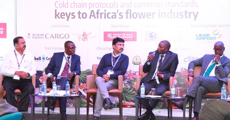 (L-R) George Mathew, Group General Manager, PJ Dave Flowers Group; Clement Tulezi, CEO, Kenya Flower Council (KFC); R. Mohan Choudhery, CEO, Black Tulip Group; Peter Musola, Cargo Commercial Manager, Kenya Airways; Evans Michoma, Manager - Cargo, Kenya Airports Authority.