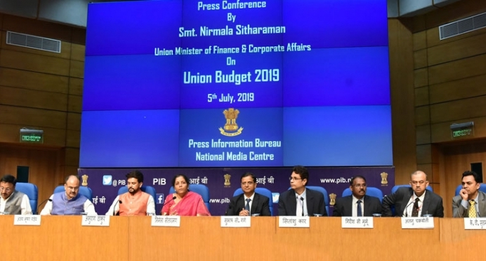 Union minister for finance and corporate affairs, Nirmala Sitharaman (centre) addressing a Post Budget Press Conference, in New Delhi on July 5, 2019.