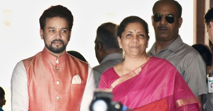 Union minister for finance and corporate affairs, Nirmala Sitharaman along with the minister of state for finance and corporate affairs, Anurag Singh Thakur arrives at Parliament House to present the Union Budget 2019-20, in New Delhi on July 5, 2019.