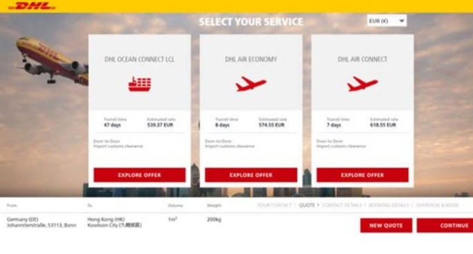 Users can directly compare available options, including DHL Ocean Connect LCL, DHL Air Connect and DHL Air Economy.