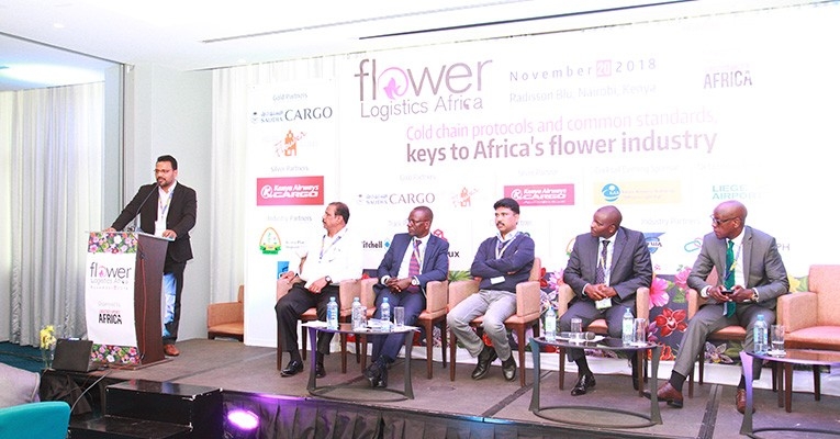 Flower Logistics Africa 2018 focusses on benchmarking cold chain logistics and technology (L-R) : Reji John, Editor, Logistics Update Africa; George Mathew, Group General Manager, PJ Dave Flowers Group; Clement Tulezi, Chief Executive, Kenya Flower Council (KFC); R. Mohan Choudhery, CEO, Black Tulip Group, Kenya; Peter Musola, Cargo Commercial Manager, Kenya Airways; Evans Michoma, Manager – Cargo, Kenya Airports Authority Flower Logistics Africa 2018 focusses on benchmarking cold chain logistics and technology (L-R) : Reji John, Editor, Logistics Update Africa; George Mathew, Group General Manager, PJ Dave Flowers Group; Clement Tulezi, Chief Executive, Kenya Flower Council (KFC); R. Mohan Choudhery, CEO, Black Tulip Group, Kenya; Peter Musola, Cargo Commercial Manager, Kenya Airways; Evans Michoma, Manager – Cargo, Kenya Airports Authority