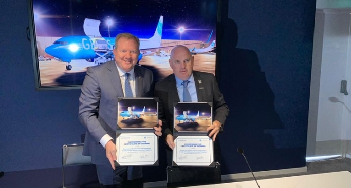 Stanley A Deal, president and CEO, global services at The Boeing Company and Declan J Kelly, COO, GE Capital, aviation services during the press conference at the Paris Air Show 2019.