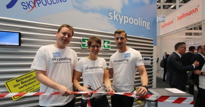 Christine Klemmer, general manager skypooling (centre), and team at the festive announcement at Transport Logistic 2019 in Munich.