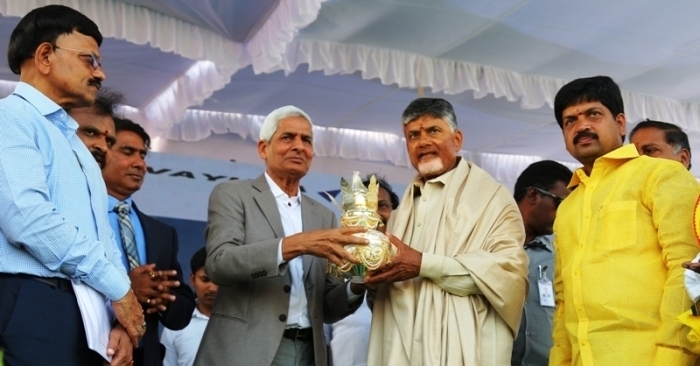 Andhra Pradesh CM Chandrababu Naidu laying the foundation stone