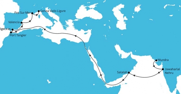 ME2 westbound rotation: Mundra - Jawaharlal Nehru - Salalah - Port Tangier Mediterranee - Algeciras - Valencia MSC - Fos sur Mer - Vado Ligure.