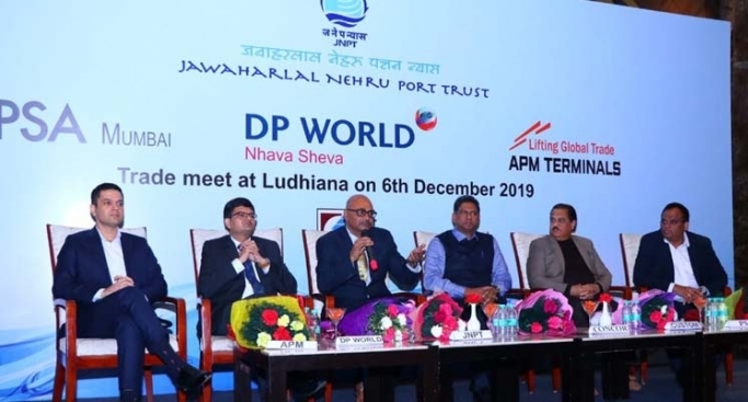 (L to R) Avinash Kochar, AGM, Commercial, APM Terminals; Hardik Vaidya, head Commercial, DP World; Niteen M. Borwankar, chief manager (Traffic), JNPT; Gabriek Juneja, terminal manager, CONCOR; Arvind Kumar, assistant commissioner, Ludhiana Customs and Saurabh Sharma, regional manager, PSA Terminal at the trade meet in Ludhiana on December 6, 2019.