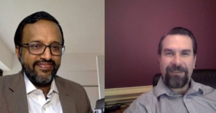 Ashok Rajan, senior vice president &amp; head of cargo &amp; logistics, IBS Software and Lionel van der Walt, president and chief executive officer, The Americas, PayCargo (L-R) hold a virtual meeting to finalize their partnership