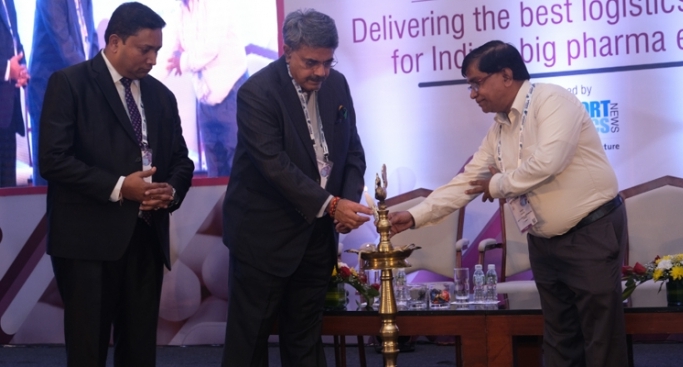 Manoj Singh, SVP & head cargo, MIAL; Tushar Jani, chairman, Cargo Service Centre; and Dr PBN Prasad, deputy drugs controller (India), CDSCO light the lamp, inaugurating the Global Pharma Logistics Summit 2019.