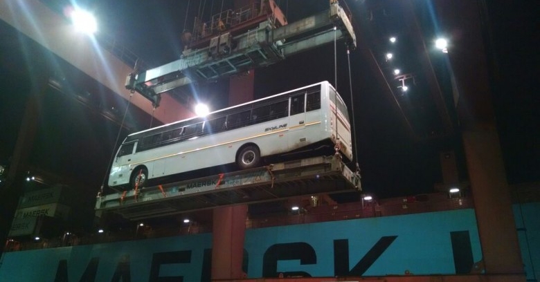 Safmarine ships 53 commercial buses on flat bed container Safmarine ships 53 commercial buses on flat bed container