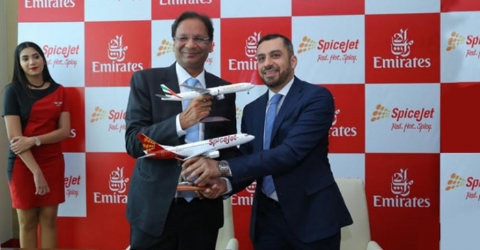 Ajay Singh, chairman and MD, SpiceJet; and Adnan Kazim, divisional SVP, strategic planning, revenue optimisation and aeropolitical affairs, Emirates, during the signing ceremony.