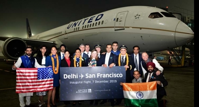 The inaugural Boeing 787-9 Dreamliner of United Airlines at Delhi Airport.